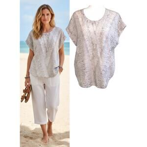 CAbi 100% Silk Popover Blouse Top Wmn's XS Tan Gray Print Oversized Soft Luxury